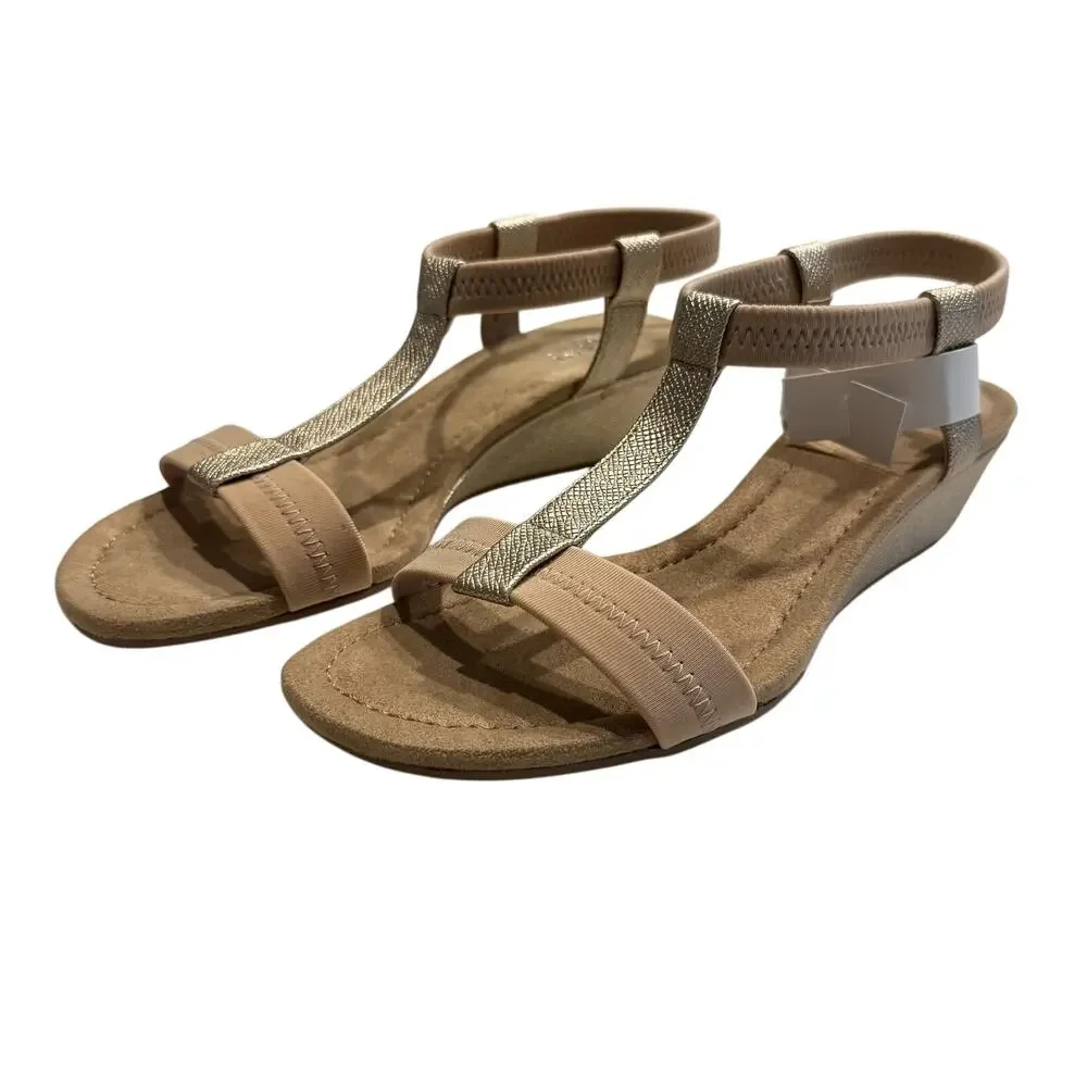 ALFANI T-Strap Voyage Wedge Slip On Slingback Sandal in Champagne, Size 8.5